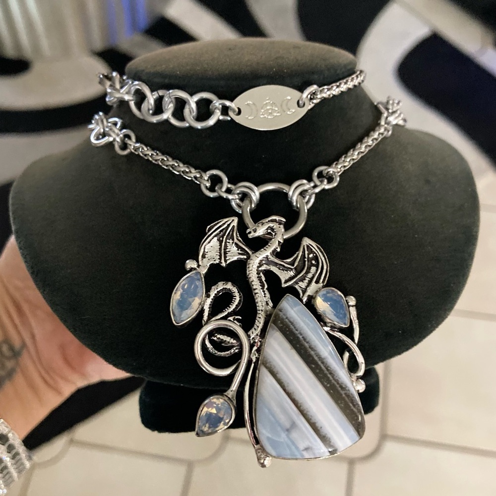 925 sterling silver overlay stripped agate iridescent opalite dragon necklace